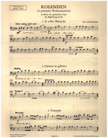 Kolenden 16 polnische Weihnachtslieder fr gem Chor mit Begleitung ad libitum Violoncello 2 (statt Viola)