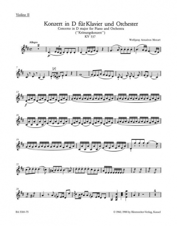 KONZERT D-DUR KV537 FUER KLAVIER UND ORCHESTER VIOLINE 2