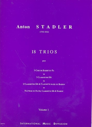 18 trios vol.1 (nos.1-5) pour 3 clarinettes (ou cors de bassets, hautbois, flutes) partition et parties