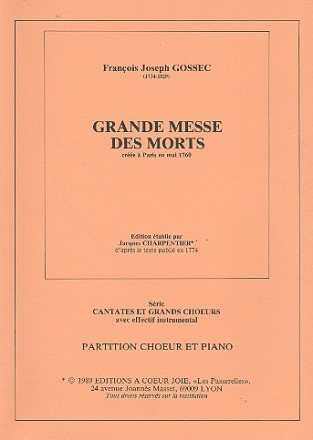 Grande messe des morts pour choeur mixte et orchestre pour pour choeur et piano (1760)