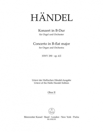 Konzert B-Dur HWV290 op.4,2 fr Orgel und Orchester Oboe 2