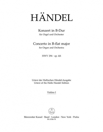 KONZERT B-DUR OP.4,6 HWV294 FUER ORGEL UND ORCHESTER VIOLINE 1