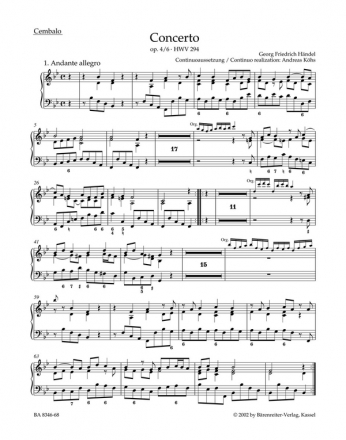 Konzert B-Dur op.4,6 HWV294 fr Orgel und Orchester Cembalo