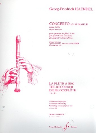 Concerto en si b major op.4,6 pour 4 fltes a bec (AAAA) partition et parties