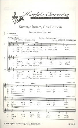 Komm o komm Geselle mein fr Frauenchor a cappella Partitur