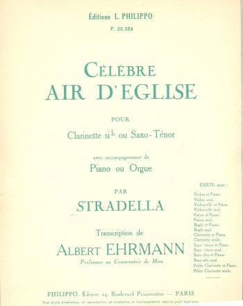 Celebre air d'eglise pour clarinette sib ou saxophone tenor et piano ou orgue