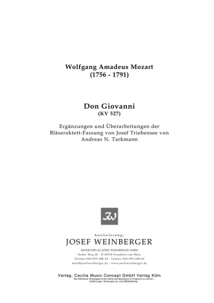 Don Giovanni 5 Stcke aus der Oper fr 2 Oboen, 2 Klarinetten (A), 2 Hrner (F) 2 Fahotte und Kontraba,  Stimmen