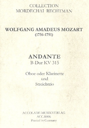 Andante B-Dur KV315 fr Oboe (Klarinette), Violine, Viola und Violoncello Partitur und Stimmen