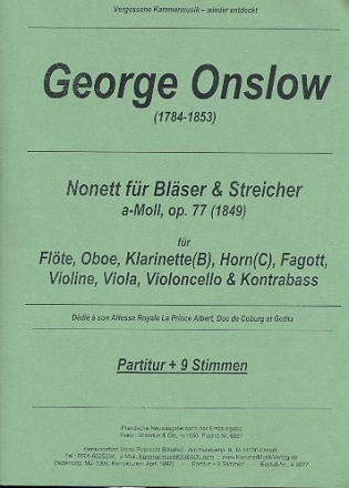 Nonett a-Moll op.77 fr Flte, Oboe, Klarinette, Horn in C, Fagott, Violine, Viola, Cello und Kontrabass,  Partitur und Stimmen