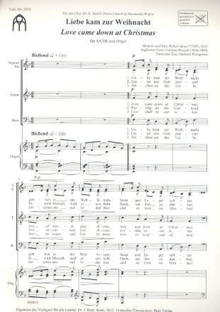 Liebe kam zur Weihnacht fr gem Chor und Orgel Partitur (dt/en)