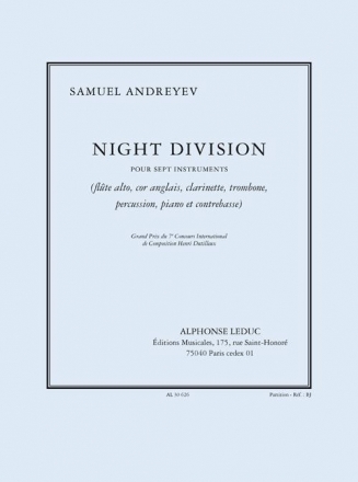 Night Division pour 7 instruments (fl alto, cor angl, clar, trombone, perc, piano, contrebasse), partition