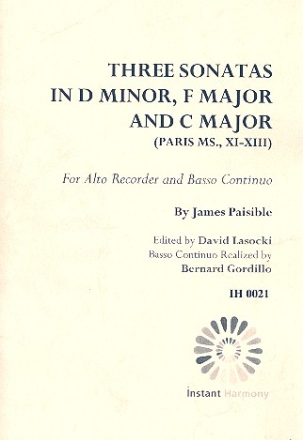 3 Sonatas for alto recorder and Bc (Bc realized) score and parts