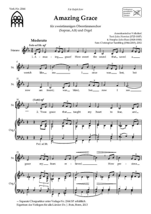 Amazing Grace f�r Frauenchor (Kinderchor ) und Orgel Partitur