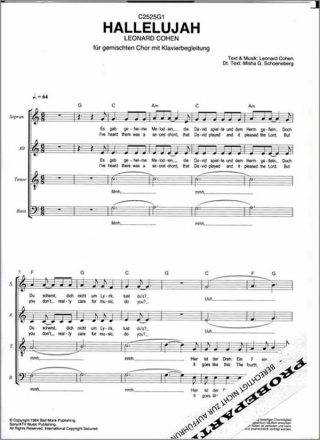 C2525G1 Hallelujah f�r gem Chor und Klavier Chorpartitur