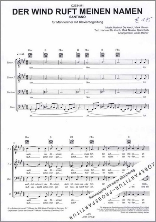 Der Wind ruft meinen Namen f�r M�nnerchor und Klavier Chorpartitur