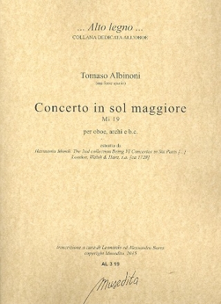 Concerto in sol maggiore Mi19 per oboe, archi e Bc partitura e parti (oboe-1-1-1-1)
