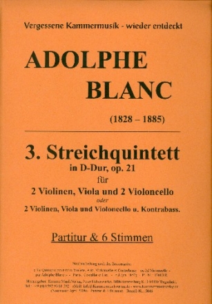 Quintett D-Dur Nr.3 op.21 - fr 2 Violinen, Viola und 2 Violoncelli (Violoncello/Kontrabass) Partitur und Stimmen