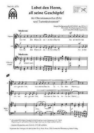 Lobet den Herrn all seine Geschpfe op.15,1 fr Frauenchor und Klavier (Orgel) Partitur