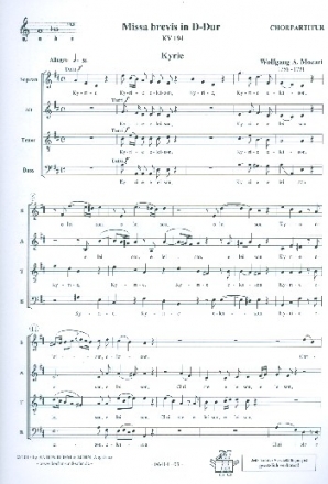 Missa brevis D-Dur KV194  fr gem Chor, 2 Violinen, Kontrabass und Orgel (Viola ad lib) Chorpartitur
