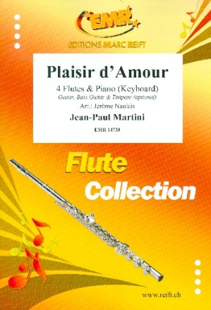Plaisir d'amour for 4 flutes and piano (keyboard) (rhythm group ad lib) score and parts