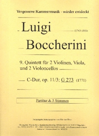 Quintett C-Dur Nr.9 op.11,3 G273 f�r 2 Violinen, Viola und 2 Violoncelli Partitur und Stimmen