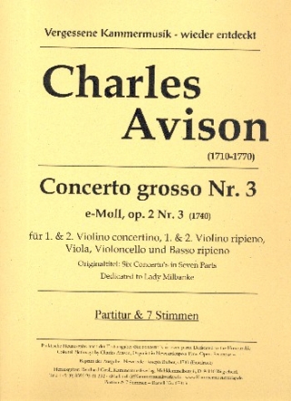 Concerto grosso e-Moll op.2,3 für 2 Violinen solo, 2 Violinen, Viola, Violoncello und Bc Partitur und Stimmen (Bc nicht ausgesetzt)