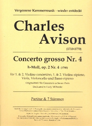 Concerto grosso h-Moll op.2,4 für 2 Violinen solo, 2 Violinen, Viola, Violoncello und Bc Partitur und Stimmen (Bc nicht ausgesetzt)