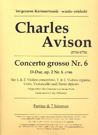 Concerto grosso D-Dur op.2,6 für 2 Violinen solo, 2 Violinen, Viola, Violoncello und Bc Partitur und Stimmen (Bc nicht ausgesetzt)
