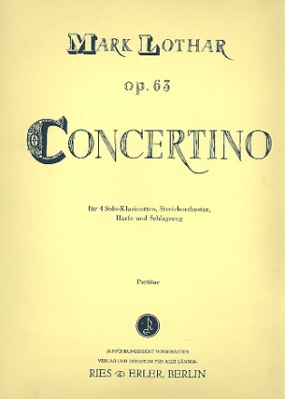Concertino op.63 fr 4 Klarinetten, Streichorchester, Harfe, Schlagzeug Partitur