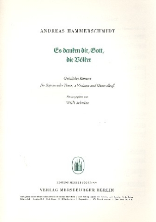 Es danken dir Gott die Vlker fr Sopran (Tenor), 2 Violinen und Bc Partitur und Stimmen