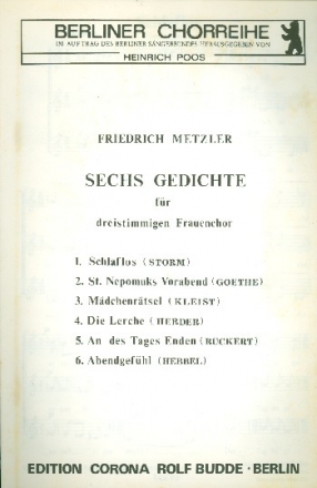 6 Gedichte fr Frauenchor a cappella Partitur