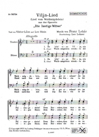 Vilja-Lied (Es lebt' eine Vilja, ein Waldmgdelein) fr Mnnerchor a cappella Chorpartitur