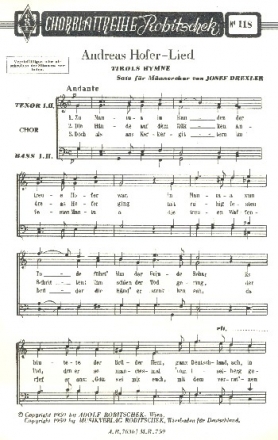 Andreas Hofer-Lied f�r M�nnerchor a cappella Partitur
