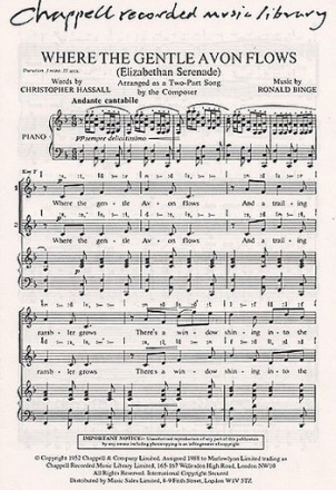 Binge: Where The Gentle Avon Flows SA 2-Part Choir, Piano Accompaniment Sheet Music & Songbooks/Vocal & Choral/2-Part Choir/Classical/Vocal Sc