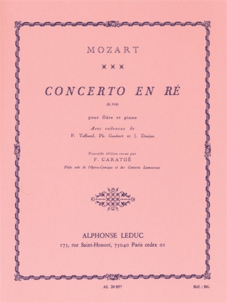 MOZART CONCERTO EN RE FLUTE ET PIANO (CADENCES TAFFANEL/GAUBERT/DONJON)