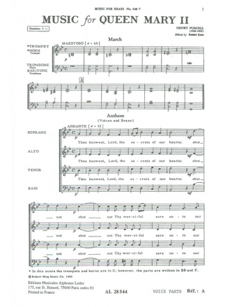 PURCELL/KING MUSIC FOR QUEEN MARY 2 BRASS QUARTET/CHOIR/VOC SCORE(PTIE CHOEUR)MFB608V