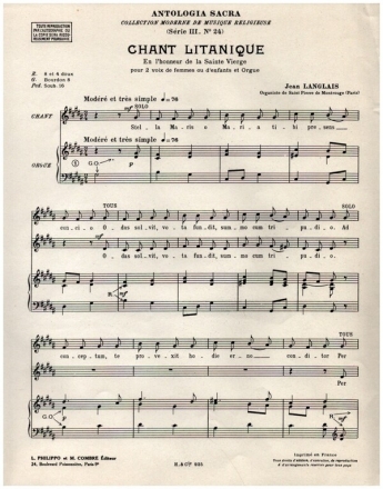 Chant litanique (Sainte Vierge) pour 2 voix de femmes (d'efants) et orgue partition