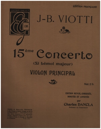 Concerto si bmol majeur no.15 pour violon et orchestre violon principal