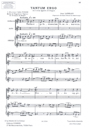 Tantum ergo pour 2 voix gales (choeur) et orgue partition