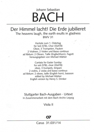 Der Himmel lacht! Die Erde jubilieret BWV31 fr Soli, gem Chor (SSATB) und Orchester Viola 2