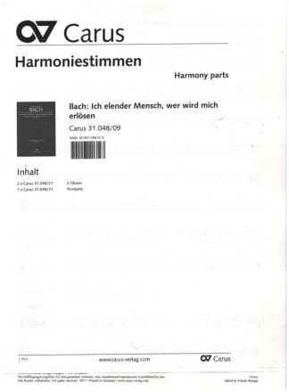 Ich elender Mensch, wer wird mich erlsen BWV48 fr Soli, gem Chor, 2 Oboen, Trompete, 2 Vl, Viola und Bc Harmoniestimmen