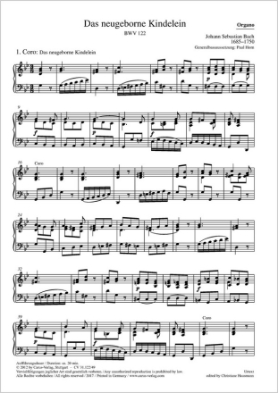 Bach, Johann Sebastian Das neugeborne Kindelein Soli SATB, Coro SATB, 3 Blfl, 2 Ob, Tl, 2 Vl, Va, Bc Orgel