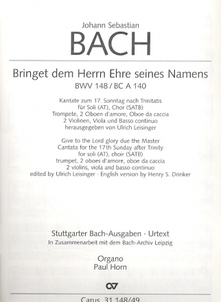 Bringet dem Herrn Ehre seines Namens Kantate Nr.148 BWV148 Orgel