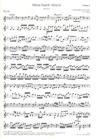 Missa Sancti Aloysii fr 2 Soprane, Alt, Chor (SSA),  2 Violinen, Bass und Orgel Violine 1
