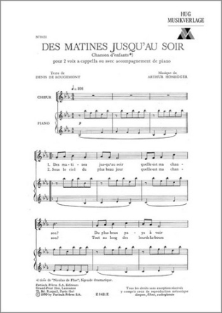 Des matines jusqu'au soir pour 2 voix a cappella (choeur d'enfants) (piano ad lib) partition
