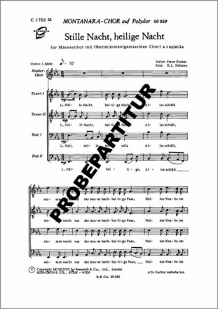 Stille Nacht, heilige Nacht f�r M�nnerchor Singpartitur