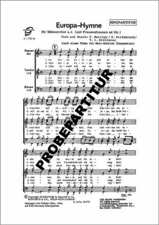 Europa-Hymne f�r M�nnerchor Singpartitur