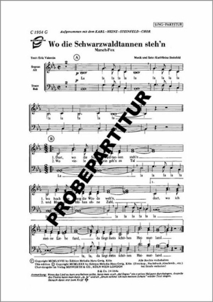 Wo die Schwarzwaldtannen steh'n f�r gem Chor Klavierpartitur