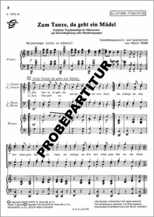 Zum Tanze, da geht ein M�del f�r M�nnerchor Klavierpartitur