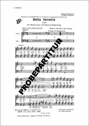 Bella Venezia f�r M�nnerchor Klavierpartitur